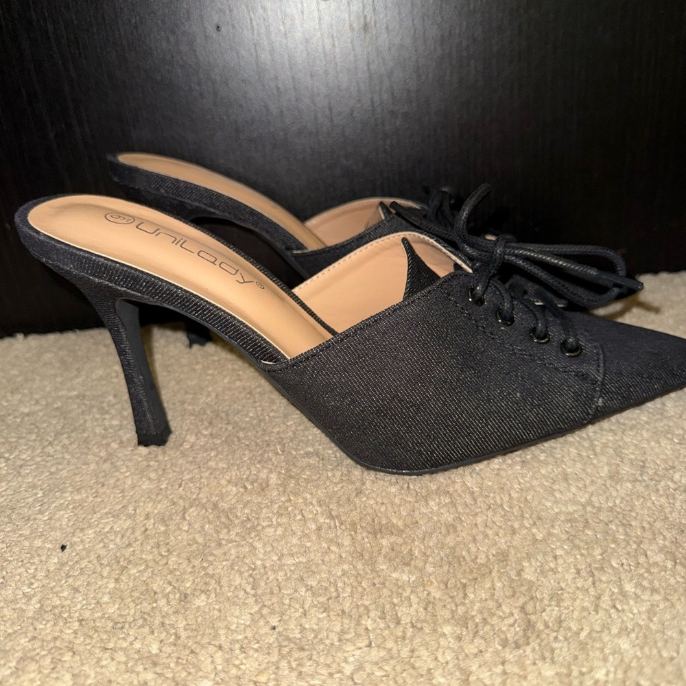 UniLady Black Lace-Up Mule Heels Pointed Toe Kitten Heel Size 9 - Picture 2 of 7